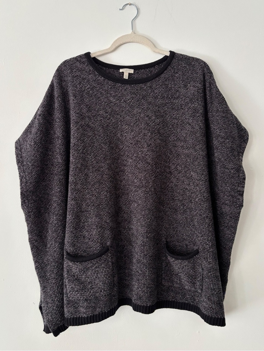 Talbots Womens Sweater S/M Gray Black Marled Cotton Boxy Dolman Sleeve Pockets